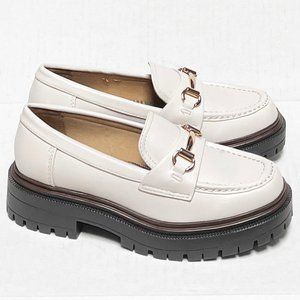 New Womens Off White Gold Chain Platform Penny Loafers